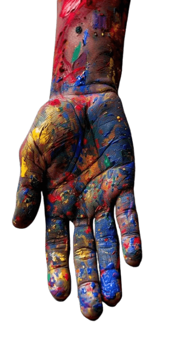 Main d'artiste couverte de peinture